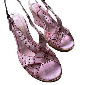 RIVA Wom Sz38 Pink Red Leather Stud Slingback Cork Wedge Sandals Woven Strappy